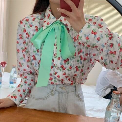 Alien Kitty 2020 Korean Gentle Large Size Printed Strawberries Bow Vintage Color-Hit Chic Women Streetwear Long Sleeve Blouses