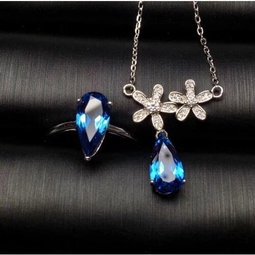 Big water drop Flower Natural blue topaz gem ring Necklace Natural Gemstone Jewelry Set 925 Silver Women party gift fine jewelry