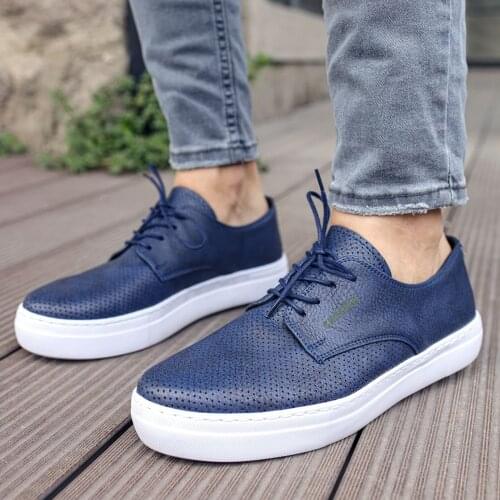 Chekich Mens and Womens Casual Shoes Navy Blue Color Artificial Leather Lace Up Summer Season Unisex Classic Formal Lightweight Breathable Sneakers Orthopedic Sewing Base White & Medium Height Outsole Suits CH061 V1