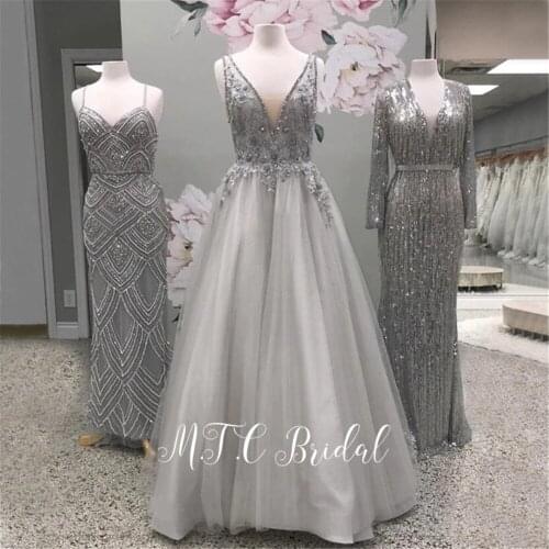 Real Photos Sliver Long Formal Evening Dress V Neck A Line Beaded Lace Tulle 2019 New Prom Gowns Vestido De Festa Custom Made