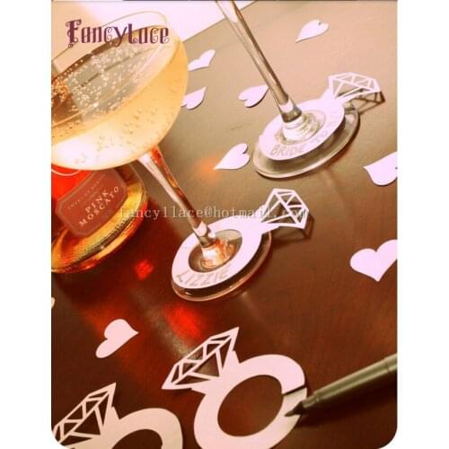 Laser Cut Paper Diamond Ring Wine Claim Cup Card Purple Wine Glass Cards Wedding Table Decorations 20 colors Can Be Chose 50pcs
