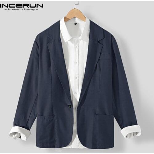 Man One Button Outwear INCERUN 2021 Spring Solid Color Men Blazers Long Sleeve Lapel Neck Suits Leisure Multi Pockets Blazer 5XL