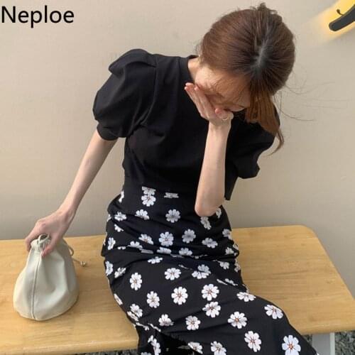 Neploe Knitted T Shirts Women Solid French O Neck Puff Sleeve Female Tops Summer 2021 New Casual Slim Fit Ladies Tees 1D232