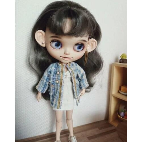 Blythes size doll clothes blue plaid coat + white lace inside skirt 2 pieces set blythes 1/6 size doll accessories