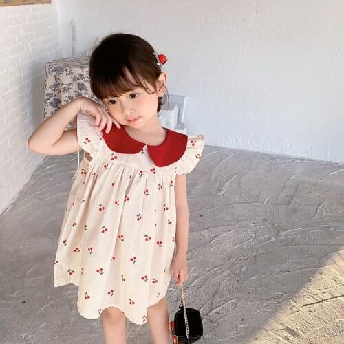 1-7T Cherry Print Girls Dress Toddler Kid Baby Clothes Ruffles Sleeveless Cotton Dresses Elegant Cute Sweet Sundress Outfit