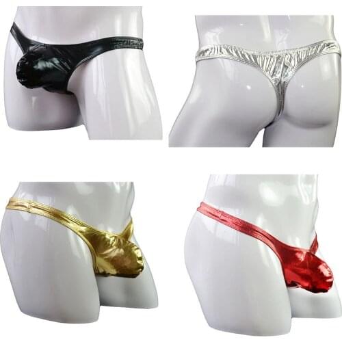 Sexy Men Lingerie Foil Faux Leather Bulge Pouch Panties Bikini Bottom Shiny Metallic Thong Back Underwear Clubwear