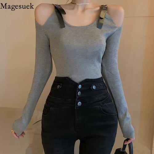 Chic Belt Stitching Fashion Solid Pullover Slim Blouse Women Plus Size Exposed Clavicle Hollow Long Sleeve Knitted T-shirt 12208