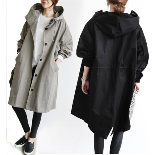 2019 Spring Autumn Hooded Trench Coat Large Size Casual Thin Long Trench Lacing Waist Hooded Windbreaker Female Outerwear M143