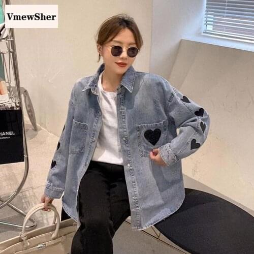 VmewSher New Casual Heart Women Denim Jacket Long Sleeve Turndown Collar Vintage Female Single Breasted Solid Jean Coat Outwear