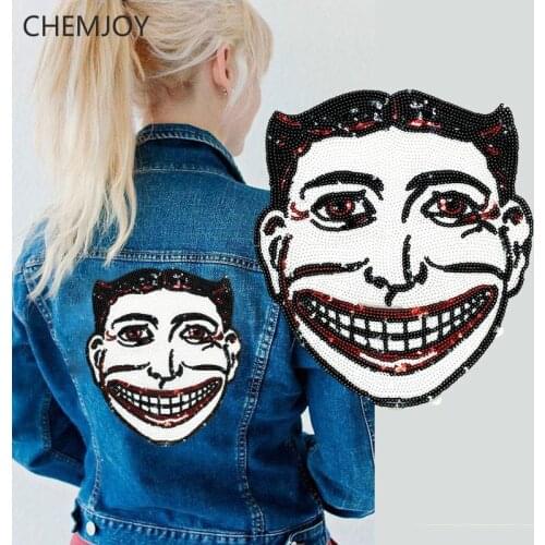 Smile Face Fun Sequined Large Patch for Clothing Sew on Sequins Clothes Appliques DIY Apparel Sewing Parches Cool Biker Patches