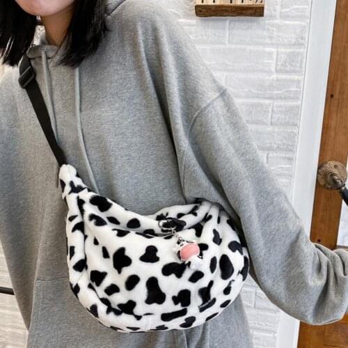 Women Chic Cow Pattern Shoulde Bag Large Capacity Plush Zipper Crossbody Pouch