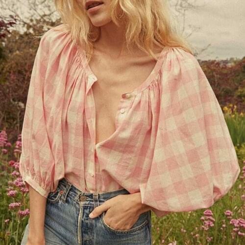 Women O-Neck Blouse Vintage Single Breasted Lantern Sleeve Loose Pink Plaid Early Autumn New 2021 Female Simple Shirt and Top