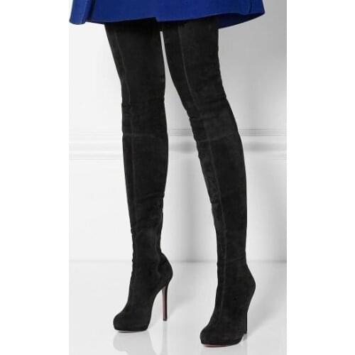 Black Suede Platform Round Toe Stiletto Heel High Heel Winter Over The Knee Woman Boots Slim Thigh Long Boots Big Size 46