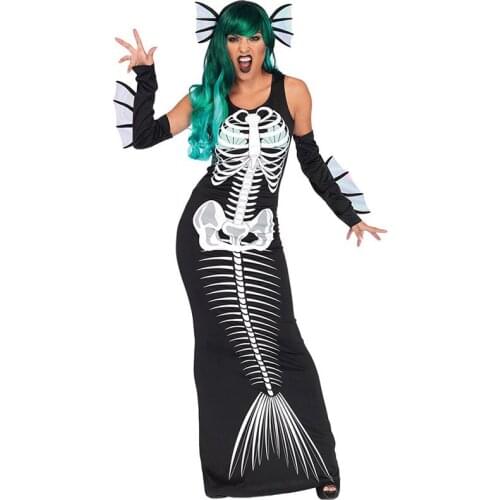 Ladies Halloween Scary Joker Fish Bone Costume Devil Mermaid Cosplay Long Sleeveless Dress Fancy Horror Outfit For Women