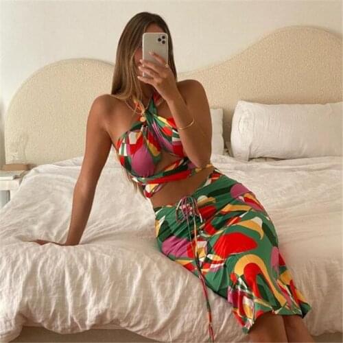 2021 New Ladies Summer Sexy Dress Suit Women Fashion Geometric Printing Lace Up Top + Slim Mid Skirt Set for Summer