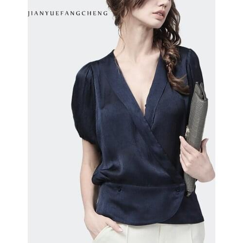 Women' Soft Anti-wrinkle Satin Top Summer Dark Blue V-Neck Short Sleeve Fitted Waist Blouse Elegant Slim Short Dress Shirts