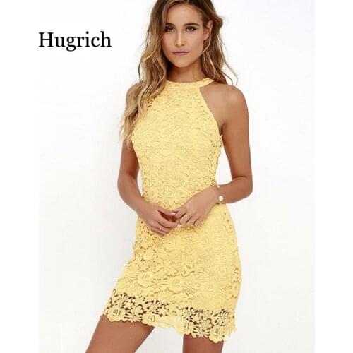 Womens Mini Dress White Elegant Wedding Party Sexy Night Club Halter Neck Sleeveless Sheath Bodycon Lace Dress