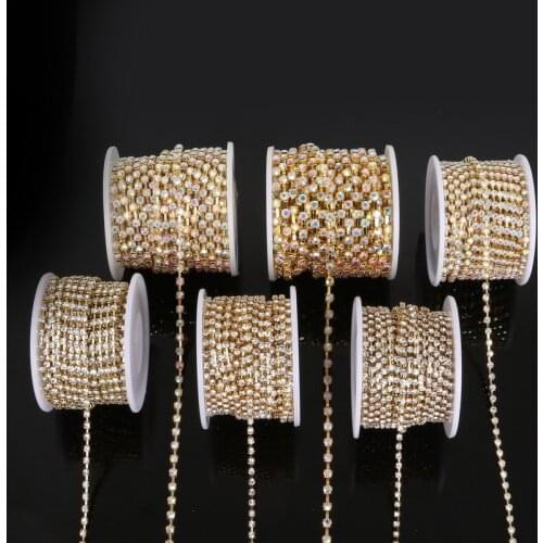10Yards Clear Crystal AB SS6 SS8 SS10 SS12 SS16 SS18 Intensive Gold Base New Style Beauty Accessory Sew On Rhinestone Chain
