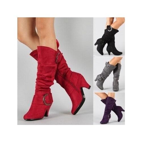 2021Knee High Boots Women Autumn Faux Suede Buckle Fashion Spike Heels Woman Shoes Winter Hot Sale Large Size43