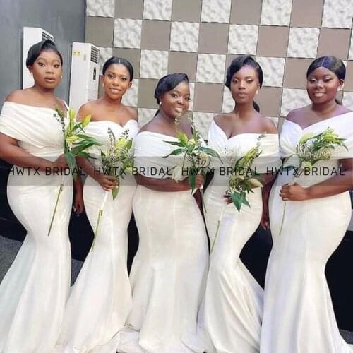 White Mermaid Bridesmaid Dresses Off the Shoulder Long Wedding Party Dress African Black Women Formal Gown Customize Plus Size