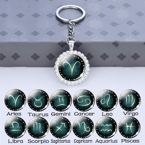 Zodiac Keychain Jewelry Trinket Shiny Rhinestone Pendant Keyring Scorpio Leo Aries Virgo Constellation Keyholder Birthday Gift