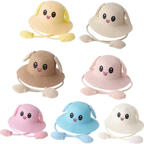 Toddler Kids Summer Straw Sun Hat with Jumping Rabbit Ears Cartoon Bunny Embroidery Outdoor Travel Wide Brim Beach Cap