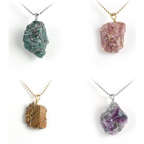 Women Men Natural Irregular Blue Apatite Pendant Necklace Steel Wire Wrap Lucky Gem Stone Metal Choker Clavicle Chain Jewelry