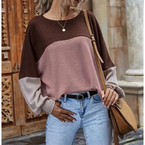 Womens Long Sleeve T-Shirt Fashion Patchwork Loose Fit Round Neck Tops Waffle Pullover Ladies Contrasting Three Color Elegant