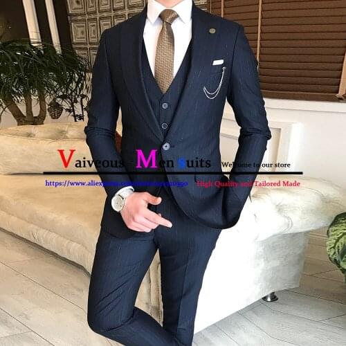 Tailor Made Pinstripe Business Men Suits Prom Slim Fit Tuxedo Wedding Groom Blazers 3 Piece ( Jacket+Pants+Vest) Costume Homme