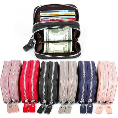 Genuine Leather Women Men Card Holder Double Zipper Wallets Female Business Credit Cards Case Large Capacity Coin Purses