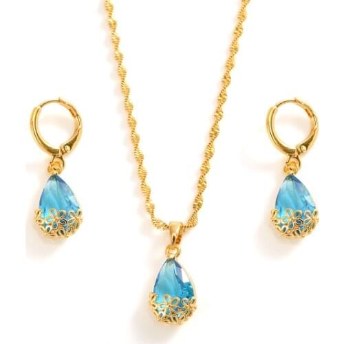 Pendant Necklace Earrings Stud Drop 9K Yellow Solid Gold CZ Jewellery Set Womes inlay Crystal Bezel setting Multicolor