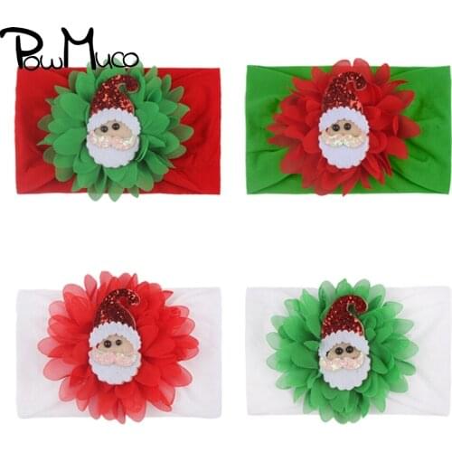 Powmuco Lovely Chiffon Flower Headband with Cartoon Santa Claus Toddler Comfortable Soft Nylon Hairband Christmas Decoration