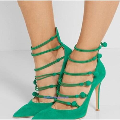 Fashion Pointed Toe Green Suede Leather Pumps With Buttons Elastic Feminine Stiletto Heeled Party Dress Shoes Thin High Heels