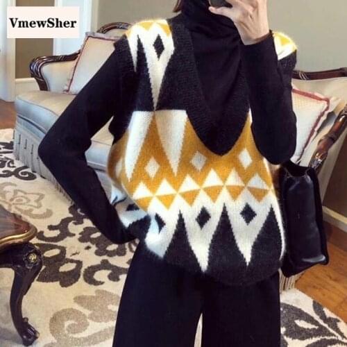 VmewSher New Sweater Vests Women Geometric V-neck All-match Retro Classic Casual Stylish Harajuku Female Vest Streetwear Chic