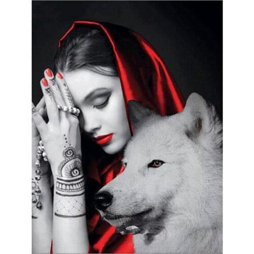 Sale 5D Full Drill Red Headscarf Girl Wolf Diamond Mosaic Round Rhinestones Pictures Diamond Painting Embroidery People FH832