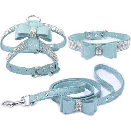 Adjustable Chest Strap With Buckle Rhinestone Soft Suede Bow Pet Dog Cat Harness Leather High Quality Pet Collar 3-Piece Set