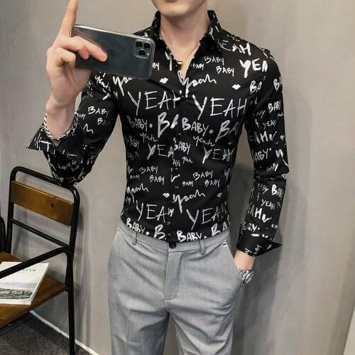 Full Letter Print Men Shirts Vintage Bronzing Shirt Mens Casual Clothing Soft Comfort Streetwear Fashion Slim Fit Chemise Homme