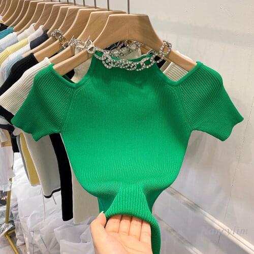 Sexy Womens Top Korean Style Hollow-out Pullover Ice Silk Knitted T-shirt Slim-Fit Stretch Rhinestone Necklace Top