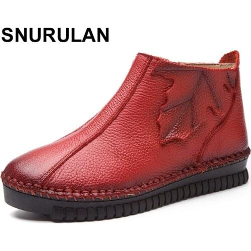 SNURULAN Plus Size Autumn Winter Women Boots Soft Genuine Leather Flat Ankle Boots Women Warm Casual Shoes Zip Short BootE036