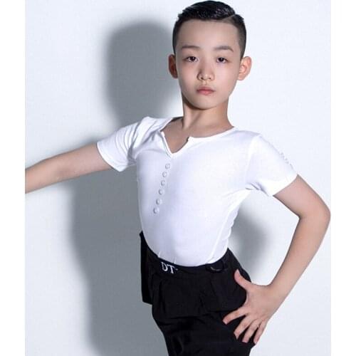 White Ballroom Dance Tops Boys Salsa Dancing Outfit Summer Latin Practice Wear Stage Costume Short Sleeve Samba Dancewear JL3408