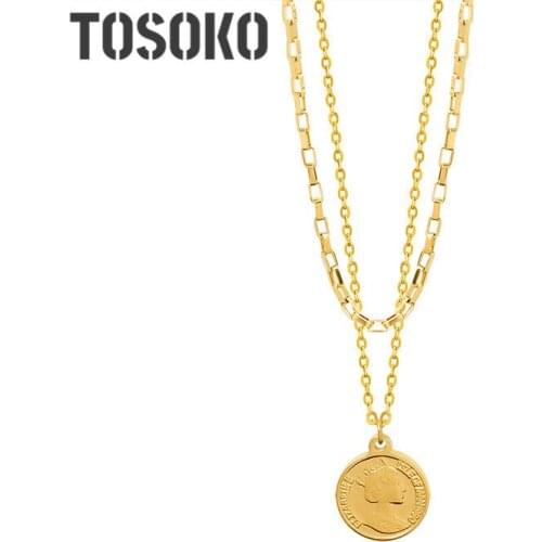 TOSOKO Stainless Steel Jewelry Head Coin Double Necklaces Womens Fashion Clavicle Chain P654