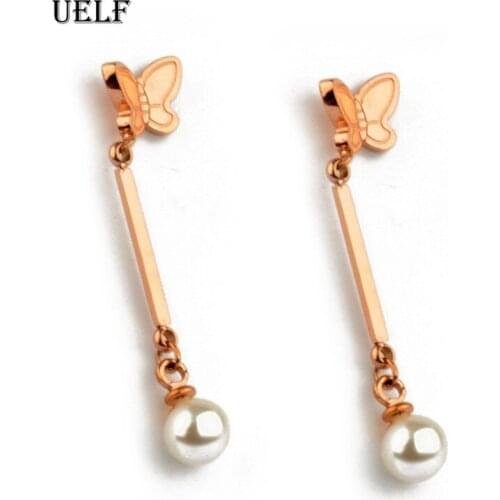Uelf Korean Simulated Pearl Long Tassel Bar Drop Earrings For Women OL Style Sweet Butterfly Dangle Jewelry Gift Wholesale