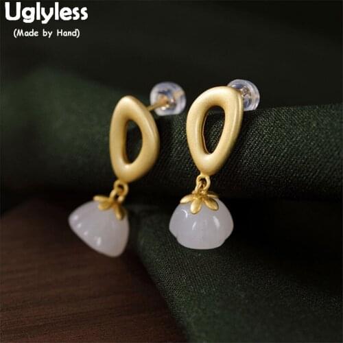 Uglyless Round Angle Hollow Triangle Earrings for Women Real 925 Sterling Silver Fine Jewelry Natural Jade Lotus Earrings E1345