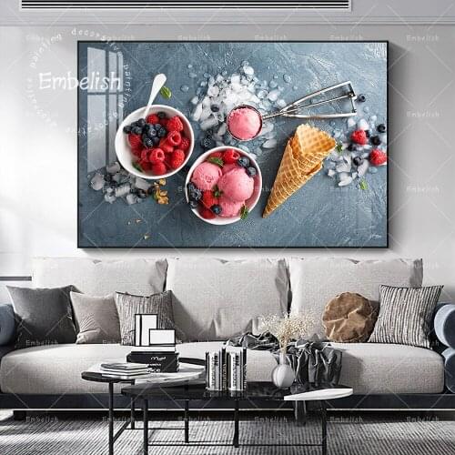 Embelish Raspberry Ice Cream In White Bowl Food Wall Pictures For Living Room Kitchen Posters HD Spray On Canvas Paintings