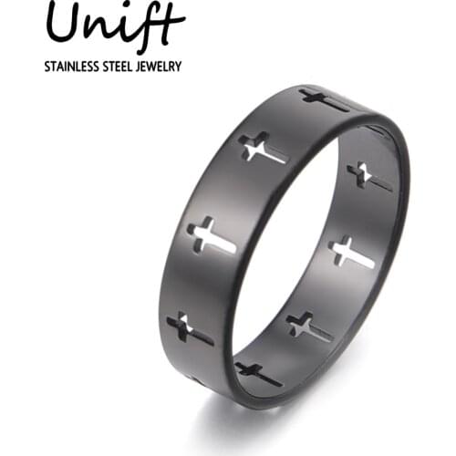Unift Hollow Cross Ring Men Rune Amulet Talisman Jewelry Women Couple Rings Stainless Steel Engagement Wedding Fingers Bijoux