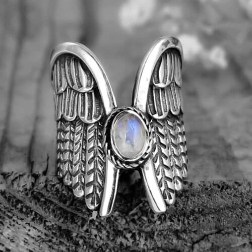 Punk Vintage Angel Wings Ring Thai Silver Colour Rings For Women Fashion Moonstone Wings Rings Female Jewelry Gifts