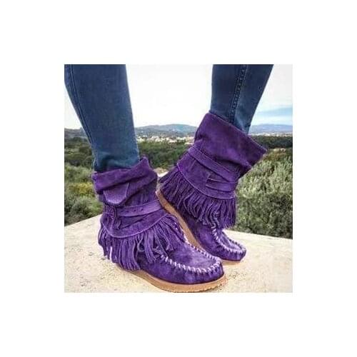 Rome Style Womens Ethnic Ankle Boots Winter Suede Tassel Short Boot Girls Fashion Low Heel Flat Cozy Shoes Fringe Pleated Botas