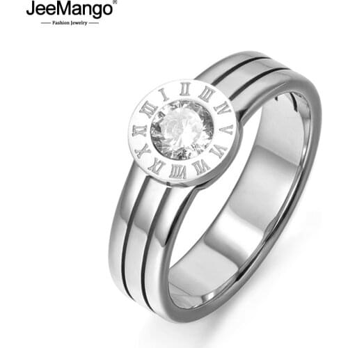 JeeMango Classic Roman Numerals Pattern Single Cubic Zirconia Stylish Titanium Steel Anniversary Wedding Rings For Women JR17062
