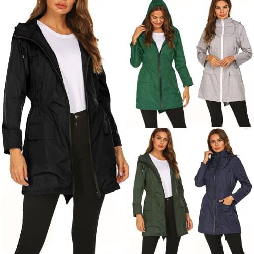 European and American autumn and winter new hooded waist rainproof zipper womens raincoat outdoor mountaineering jacket