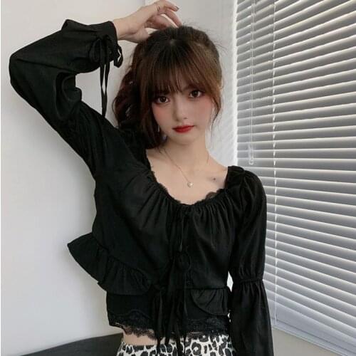 2021 New Crop Top Women Ruffle Top Shirt Puff sleeve Lace up blouse Solid color White Black Sexy Cardigan High waist